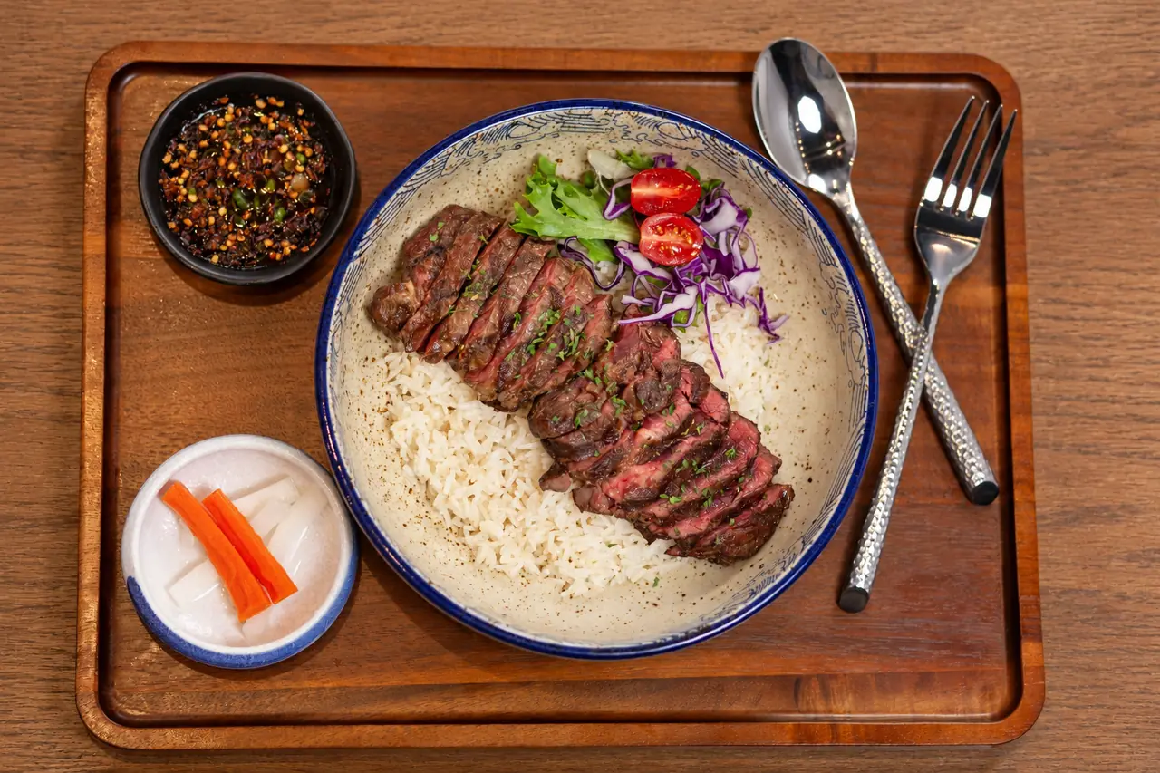 Ribeye Rice Bowl with sliced grilled ribeye, rice, dipping sauce and pickles.